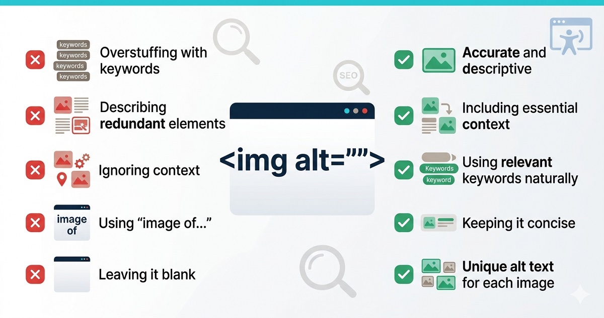 alt text mistakes checklist showing ten common errors including blank alt text keyword stuffing and missing product image descriptions on a WordPress site