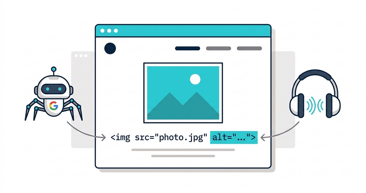 image alt text diagram showing an img HTML tag with alt attribute being read by a search engine crawler and a screen reader simultaneously