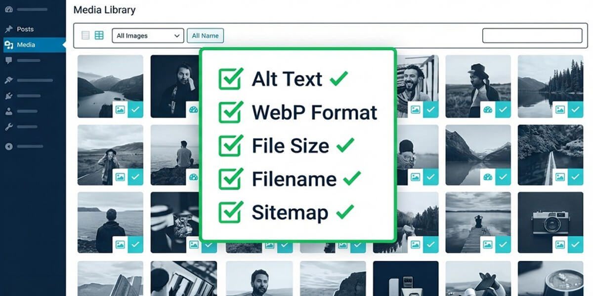 image SEO checklist 2025 showing a WordPress media library with alt text fields, file names, and a green checklist overlay