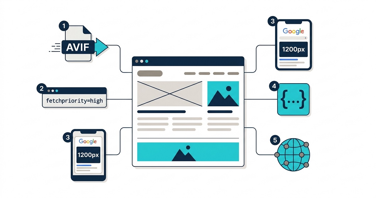 advanced image SEO strategies 2026 — technical diagram showing AVIF format, LCP priority, Google Discover image width, structured data, and CDN layers on a single WordPress page