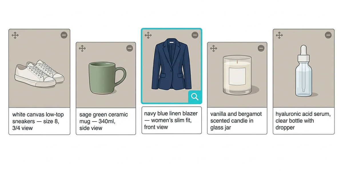 alt text for product images — e-commerce product photography grid showing five product shots with alt text descriptions overlaid, WooCommerce-style layout