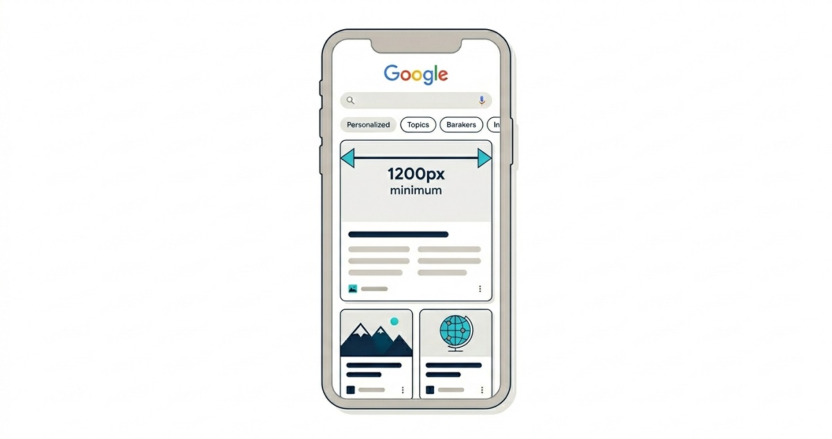 Google Discover feed on a mobile screen showing a blog article with a large 1200px hero image, illustrating the minimum image width requirement for Discover eligibility