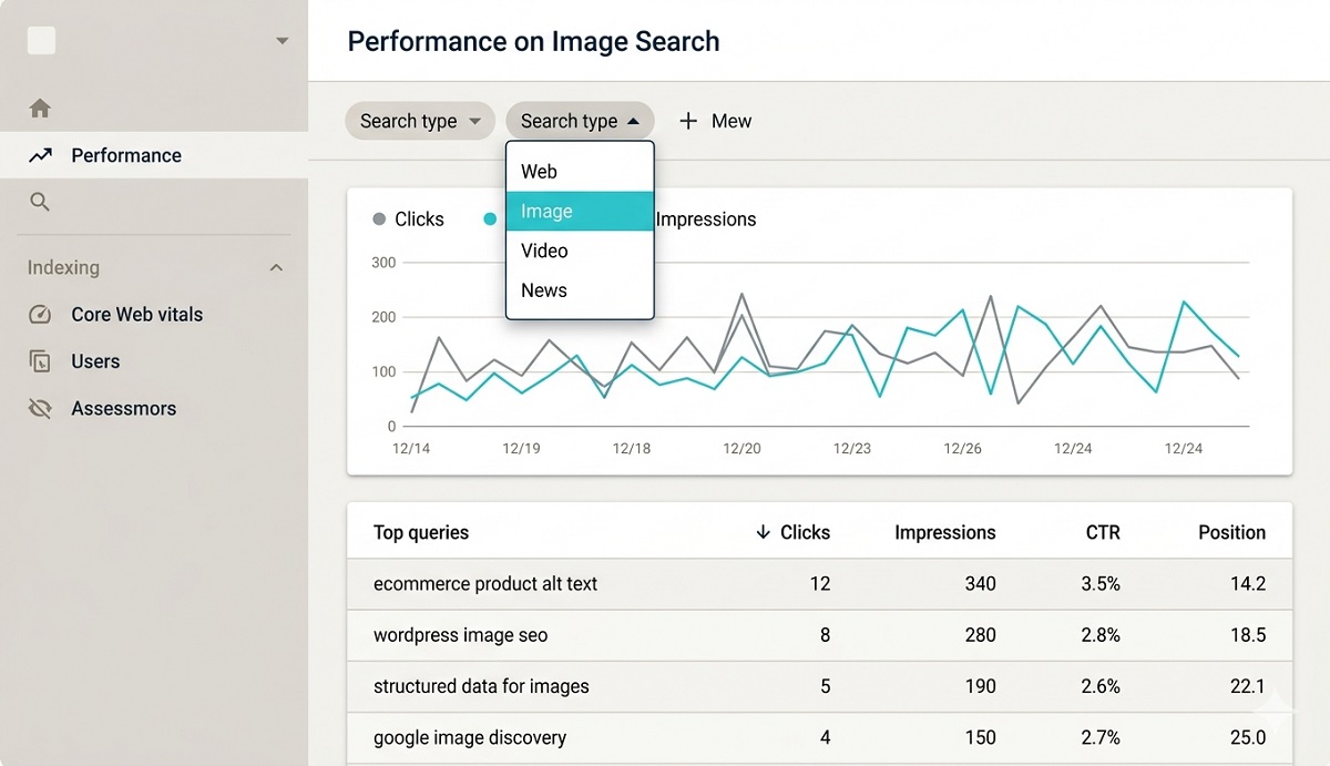Google Search Console performance report filtered to Image search type, showing queries, clicks, impressions and CTR for image-specific searches