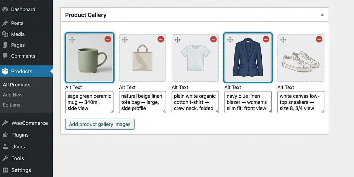 WooCommerce product image gallery panel showing five product images with alt text fields filled in for each variant — main shot, colour variants, and lifestyle image