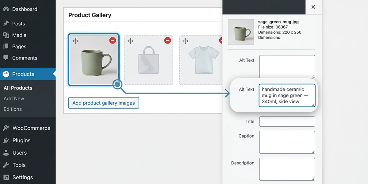 WooCommerce product gallery section in WordPress admin showing the alt text field highlighted for a gallery image, with an example alt text entry visible