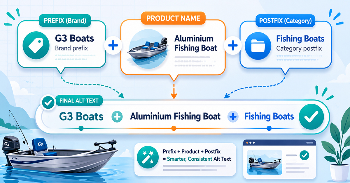Illustration of an alt text prefix and postfix wrapping a product name to build one branded string