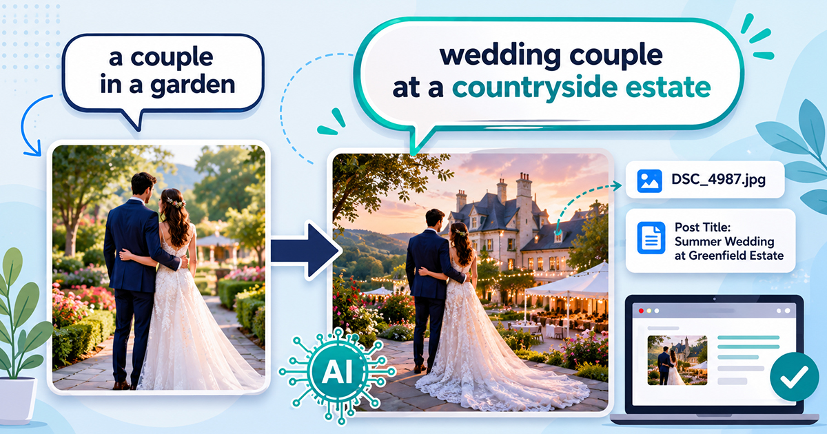 Illustration showing how sending a filename and post title as image alt text context turns a generic description into a specific one