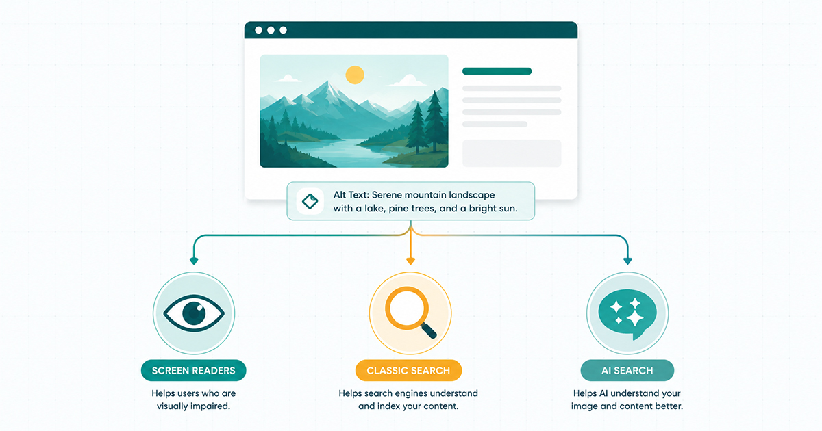 Illustration showing alt text for AI search feeding screen readers