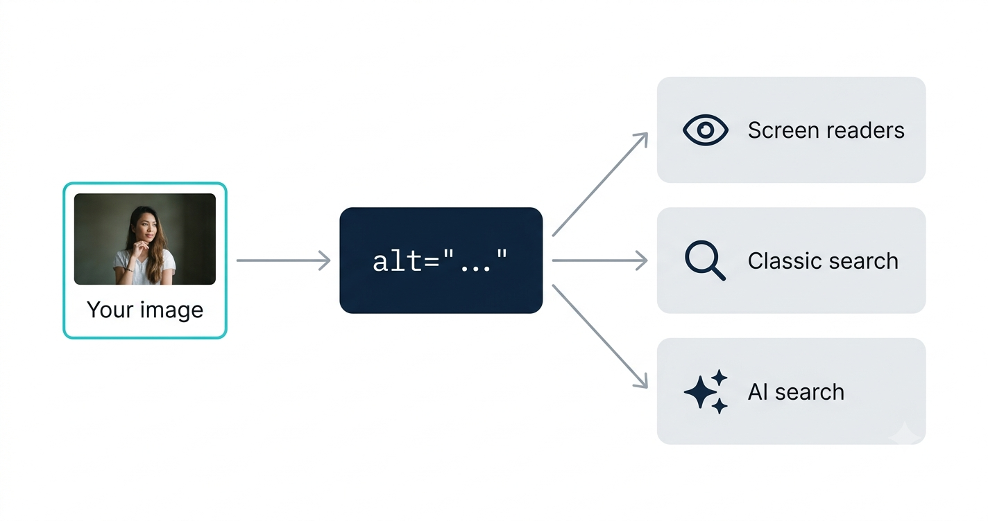 One line of alt text serving three audiences: screen readers, classic search, and AI search