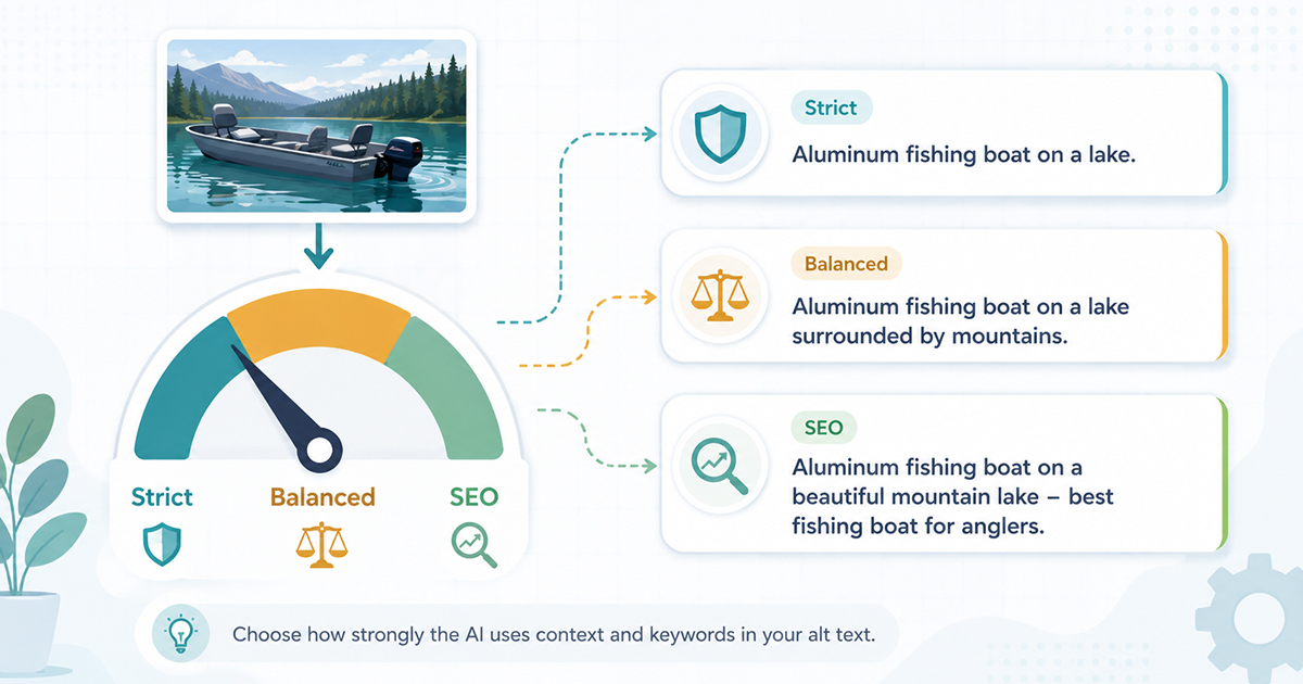 Illustration of an alt text context strength dial (Strict to SEO) controlling how keyword-rich the AI output becomes